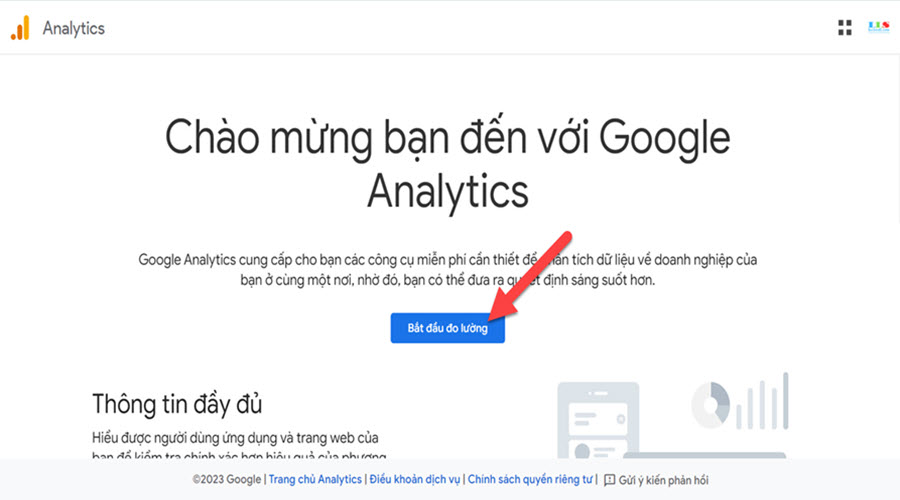 Google Analytics - Giao diện mở ra, chọn Bắt đầu đo lường